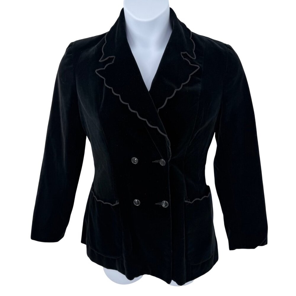 VINTAGE BLACK VELVET DOUBLE BREASTED SCALLOPED BLAZER JACKET W/ POCKETS - S